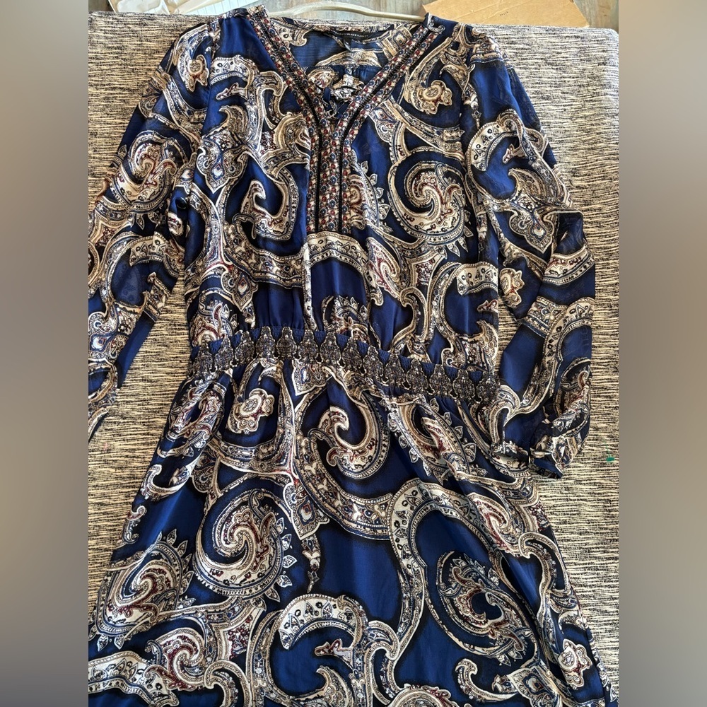 WHBM Blue‎ Paisley Elastic Waist Mini Dress 14 Floral Chiffon Lined